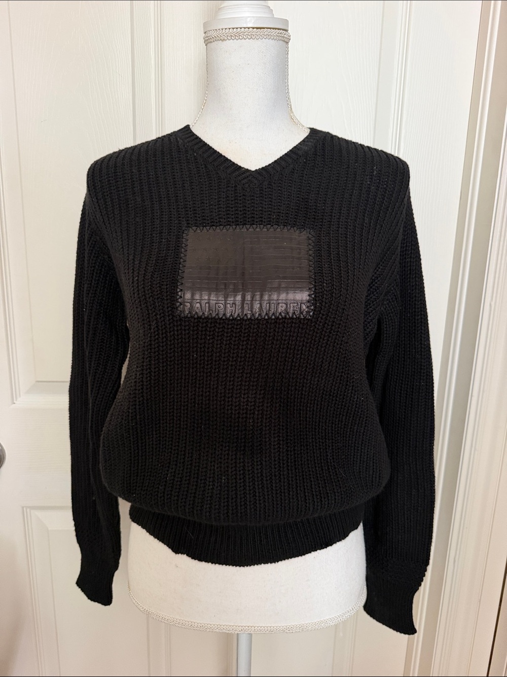 Ralph Lauren Black Cotton Sweater with Black leather American Flag